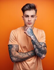 Wall Mural - young man with arm tattoos on isolated orange background arms crossed close up cool guy