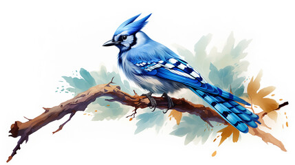 Wall Mural - Watercolor illustration of a Blue Jay perched on a branch with a detailed, vibrant plumage against a white background.