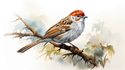 Wall Mural - Watercolor illustration of a Chipping Sparrow perched on a branch with a vibrant plumage against a soft, natural background.