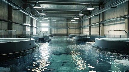 Wall Mural - A sleek and modern fish farming facility with automated feeding systems and water quality monitoring