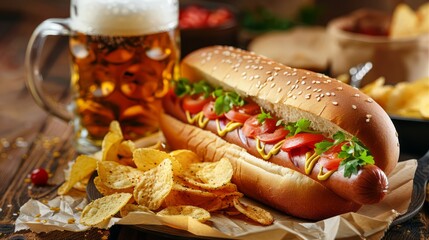 Wall Mural - Tasty hot dog, chips and beer on table. national hot dog day