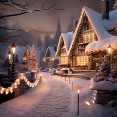Wall Mural - Snowy night in a small village. Christmas and New Year concept.