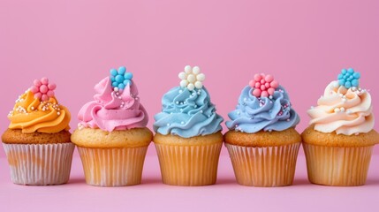 Wall Mural - A row of decorated cupcakes with themed fondant toppers, perfect for birthday parties or celebrations. 