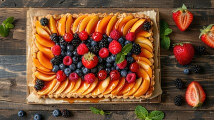 Wall Mural - Overhead view of a fruit tart with fresh berries and a glossy apricot glaze, displayed on a wooden board. 