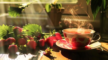 Canvas Print - Detailed view of a steaming cup of tea beside ripe strawberries, morning light, vibrant greens and reds 