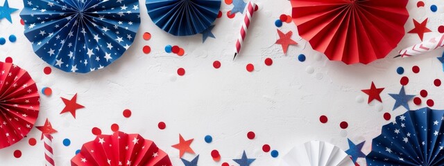 Wall Mural - American Federal Holiday Banner Design with American Flag, Colorful Paper Fans, and Fireworks Rockets on White Background. Happy Independence Day, Presidents' Day, Labor Day Concept, Celebrating New Y
