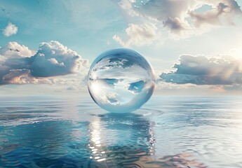 Wall Mural - A large blue sphere is floating on the surface of the lake, Concept of tranquility and serenity