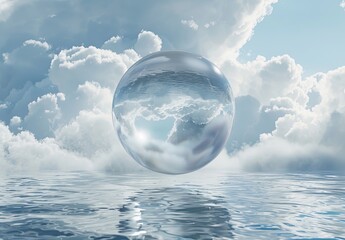 Wall Mural - A large blue sphere is floating on the surface of the lake, Concept of tranquility and serenity
