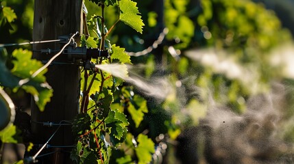 Wall Mural - Micro-sprinkler in action in a grapevine row, close-up, fine mist, detailed vine leaves 