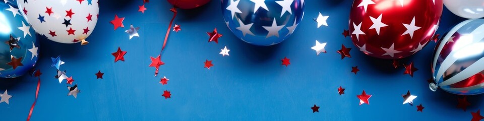 Wall Mural - Happy Independence Day Concept with Top View of Foil Balloons in American Flag Colors on Blue Background. Celebrating Presidents' Day, Labor Day, New Year, National Holiday, Election Concept, Christma