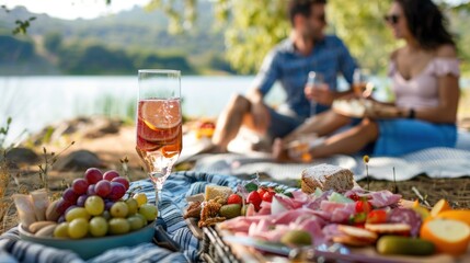 Wall Mural - Couple lounging on a blanket, enjoying gourmet snacks and wine at a lakeside picnic.