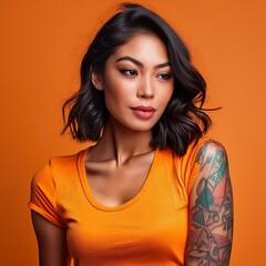 Wall Mural - Young woman with arm tattoos isolated on orange background brunette bob orange shirt cool edgy vibe