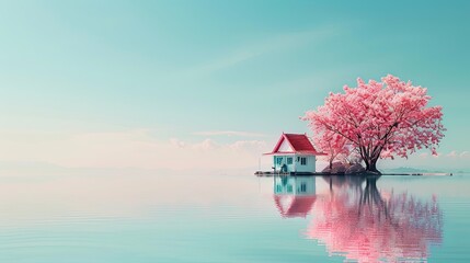 Wall Mural - A tree and a house reflected in the calm water under a cloudy sky