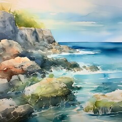 Wall Mural - Beautiful seascape. Digital watercolor painting on canvas.