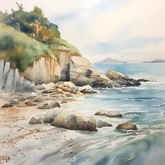 Wall Mural - Digital painting of seascape with rocks and trees in the foreground