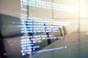Wall Mural - double exposure of abstract creative programming illustration on a modern boardroom background, big 