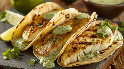 Wall Mural - A refreshing cilantro and lime sauce that perfectly complements grilled fish tacos transporting you to a beachside paradise.