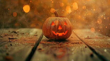 Wall Mural - Concept of Halloween holiday with cute pumpkin on wooden table enhanced by glitter overlay