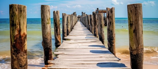 Wall Mural - Groynes Wooden bridge on the beach during summer sunny weather