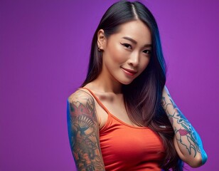 Wall Mural - Asian woman with arm tattoos isolated on purple background cool edgy vibe orange shirt