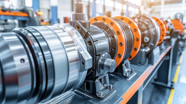 Close-up of industrial rotating machinery in a modern factory, highlighting the precision engineering and advanced technology used in manufacturing.
