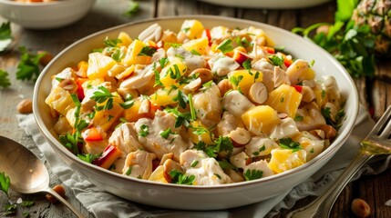 A tropical chicken salad with chunks of pineapple crunchy macadamia nuts and a creamy dressing.