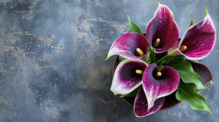 Wall Mural - Dark purple and white calla lily plant in pot on textured background with selective focus top view
