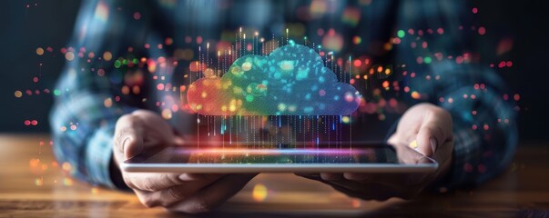 Software engineer using tablet with code, cloud computing, big data, and network connections in a tech background.