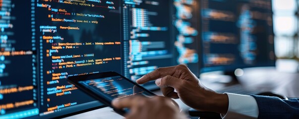 Software engineer using tablet with code, cloud computing, big data, and network connections in a tech background.