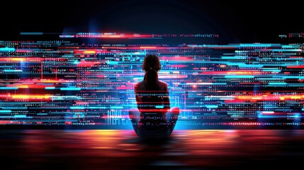 Software engineer using tablet with code, cloud computing, big data, and network connections in a tech background.