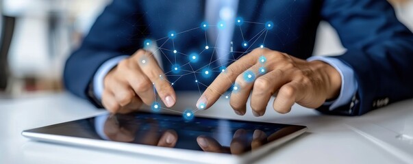 Software engineer using tablet with code, cloud computing, big data, and network connections in a tech background.