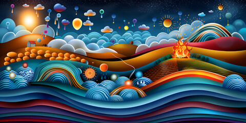 Wall Mural - Global Warming Concept with digital icons like water, farm, land, weather, sun, rain, fire, dryness 