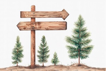 A wooden signpost with two arrows points towards a forest with evergreen trees.