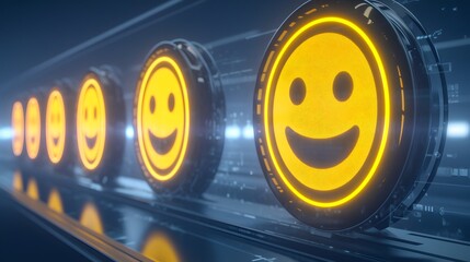 Wall Mural - Digital Smiley Faces in a Futuristic Setting with Neon Lighting