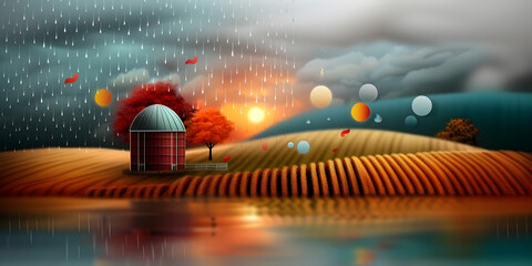 Wall Mural - Global Warming Concept with digital icons like water, farm, land, weather, sun, rain, fire, dryness 