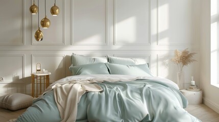 Wall Mural - A cozy bedroom with light blue bedding, golden lamps, and soft lighting creating a serene atmosphere.