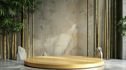 Wall Mural - A tranquil display area featuring bamboo, rocks, and a circular platform, exuding a calm atmosphere with earthy tones and soft lighting.