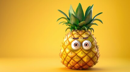 A whimsical cartoon illustration features a pineapple sporting a bored expression on its face delivering a delightful and comical fruit character