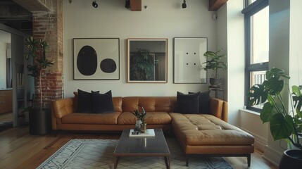 Wall Mural - Stylish loft living room with leather sofa, modern art, large windows, and plants.