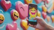 © Ben Kuang - Hand holding smartphone capturing emoji against vibrant wall of hearts and smiley face decorations