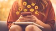 © Ben Kuang - Teen girl texting on phone with floating emojis, expressing emotions and connecting digitally.