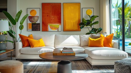 Wall Mural - A contemporary living room with abstract art, vibrant orange pillows, white sofa, and large plants, bathed in natural light.
