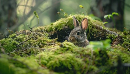 Wall Mural - A rabbit is sitting in a patch of moss. Generate AI image