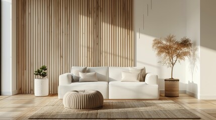 Wall Mural - A modern minimalist living room with a white sofa, plants, and a wooden accent wall, bathed in natural light.