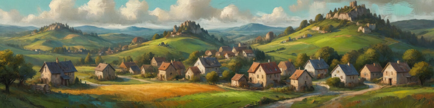 Fairy-tale villages nestled in rolling hills are depicted with thick, bold oil layers, illustrating a charming fantasy landscape of whimsy and wonder, Generative AI