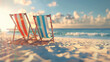 © Thitiporn - Two striped beach chairs facing the ocean on a sandy beach during sunset