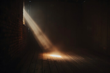 A pitch black room with a single beam of warm light from a spotlight