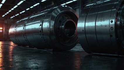 a close-up shot of two large, cylindrical metal objects resting on a wet factory floor