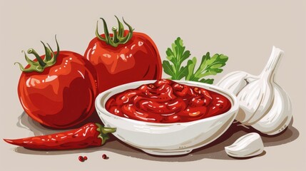 Wall Mural - Spicy Tomato Paste Bowl Presentation with Ingredients such as Chili Garlic Onion and Tomato