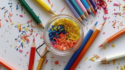 Canvas Print - Color pencils sharpener and shavings in clear container on white surface Top down flat lay view